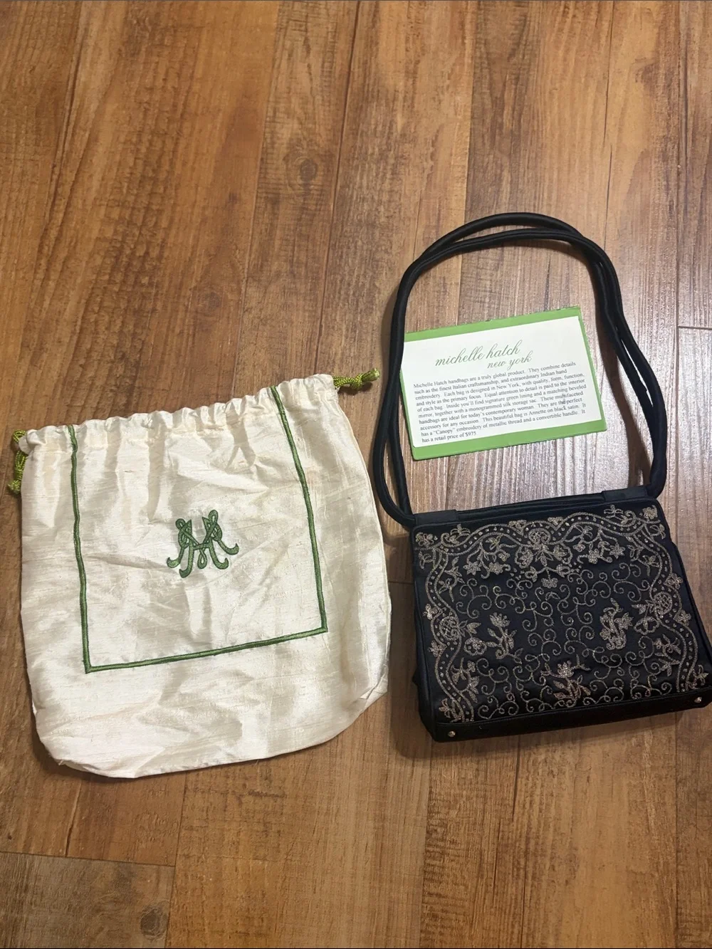 Michelle hatch New York black satin canopy embroidered handbag purse